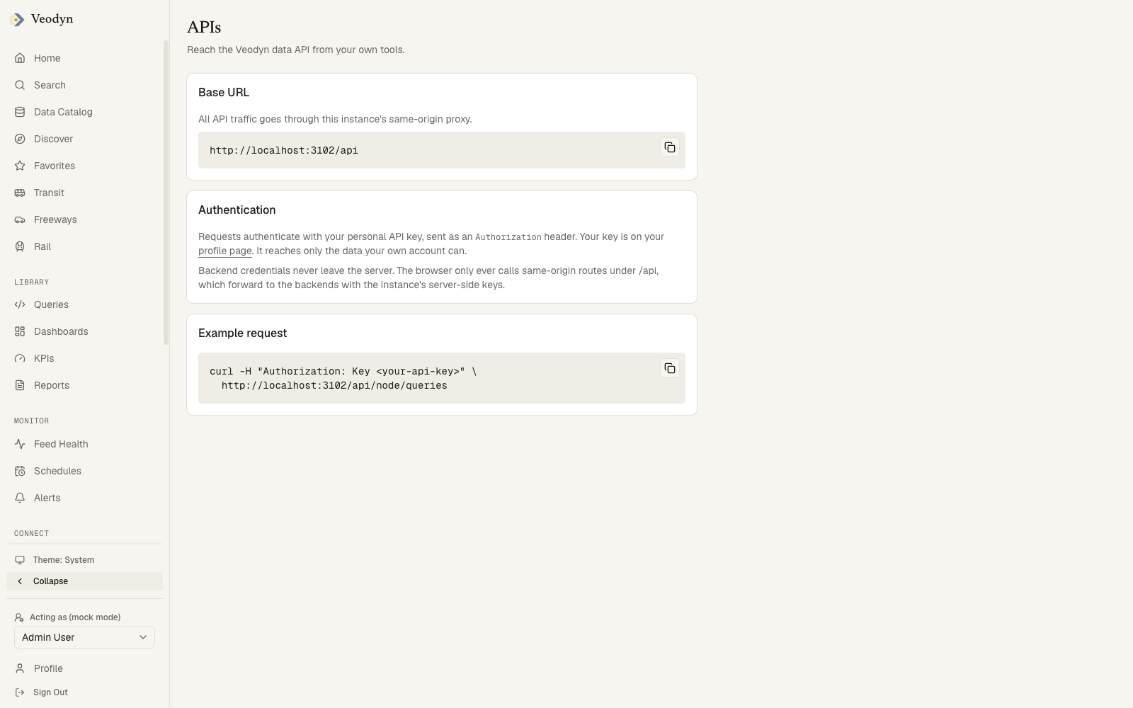 The APIs page: the query result endpoints with copyable examples