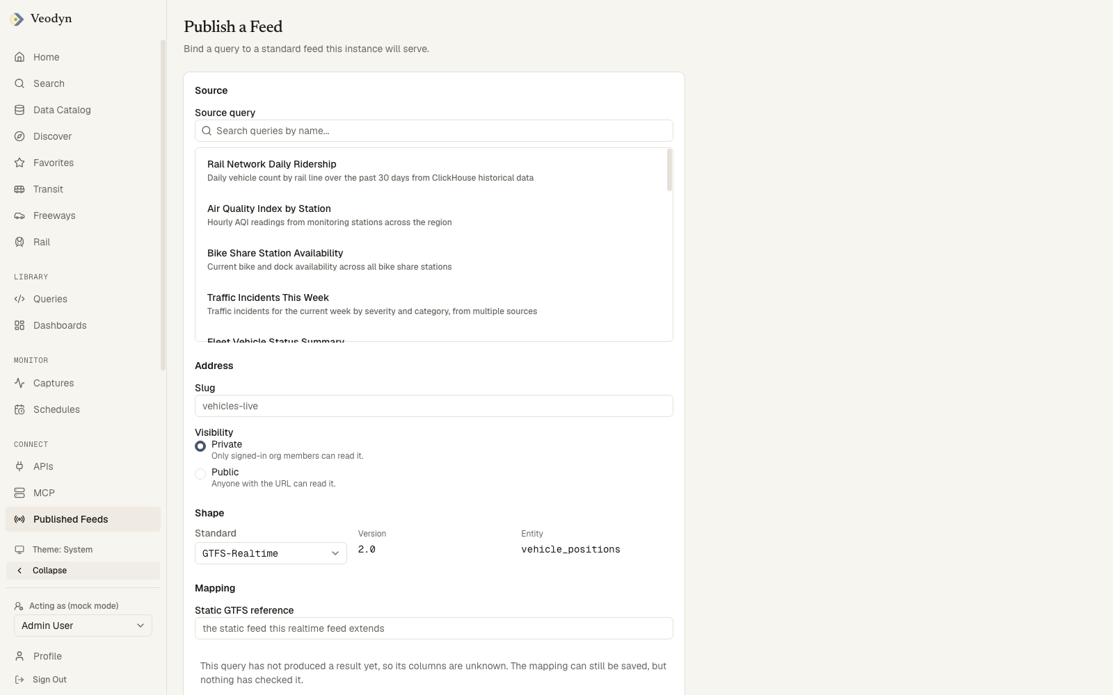 The Publish a Feed form: source, address, shape, the field-to-column mapping table, and the on-failure modes