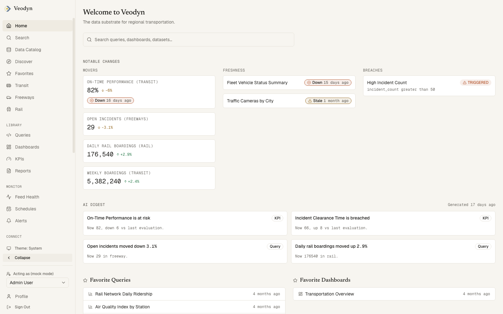 The Home page: omnisearch, notable changes, AI digest, and favorites