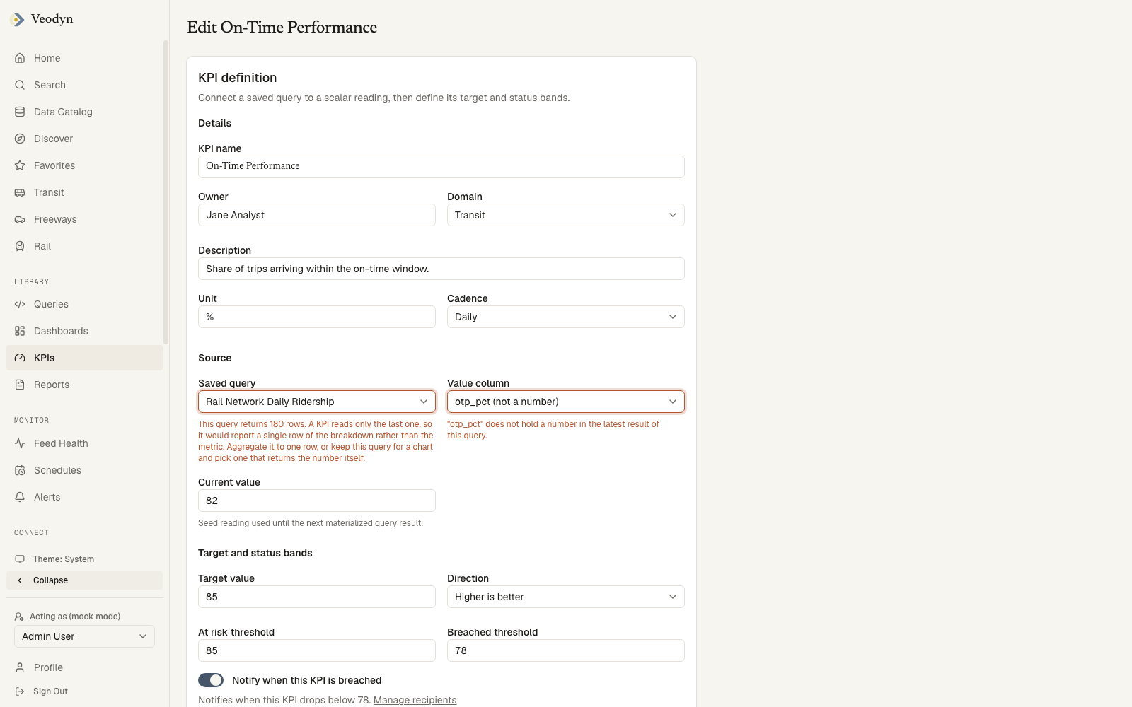 The KPI edit form, seeded with the existing definition