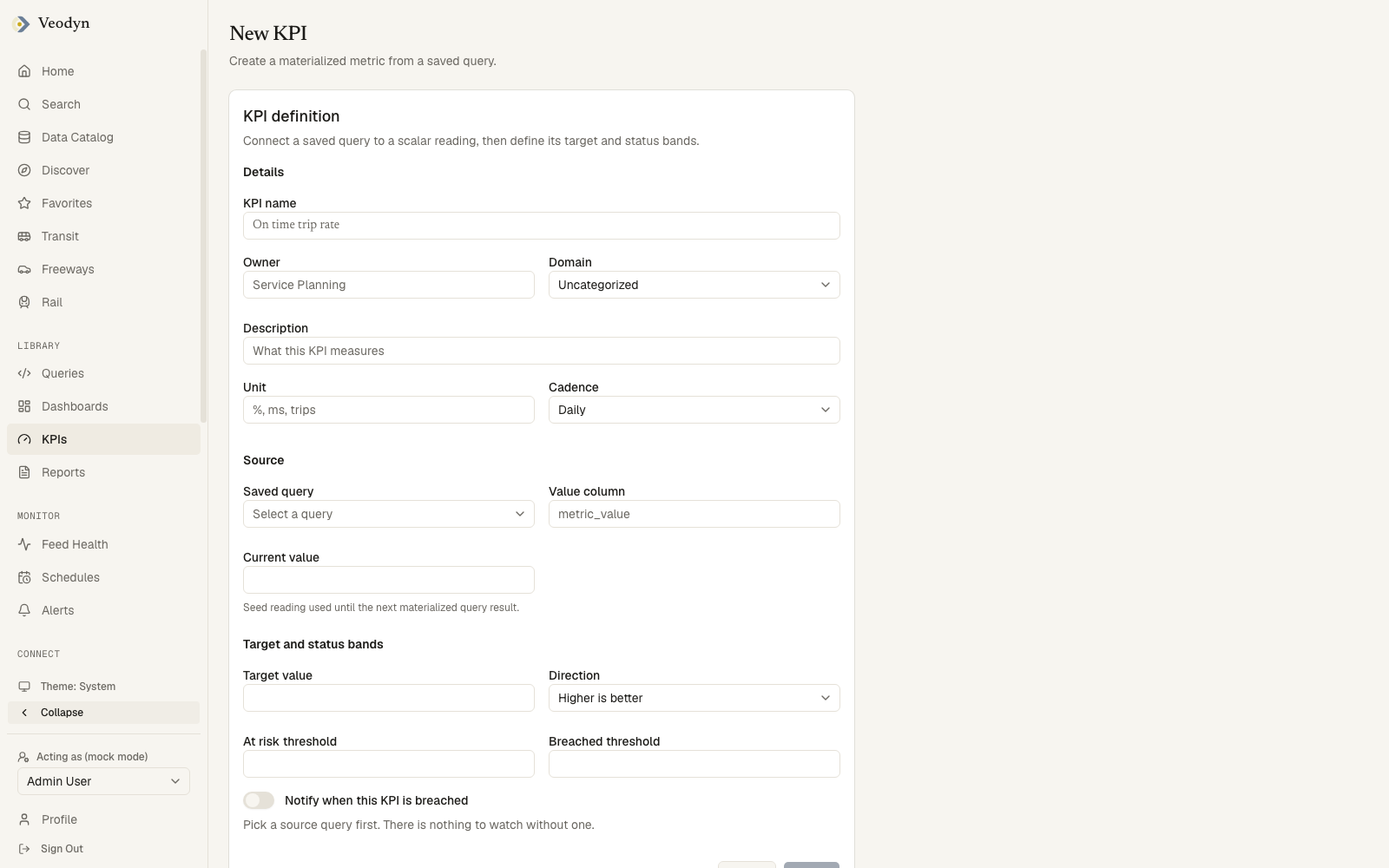 The New KPI form: details, the source query and value column, then the target and status bands