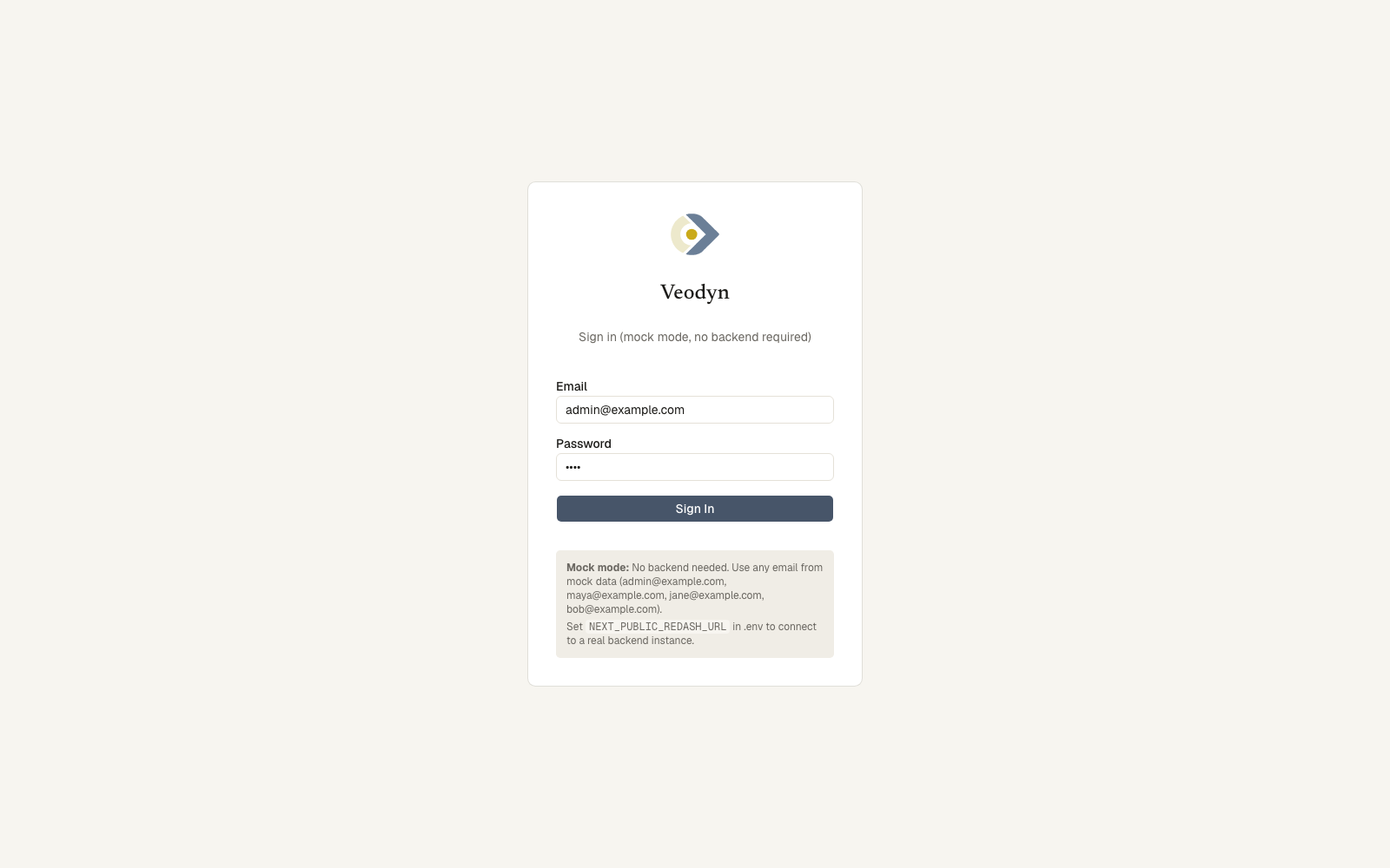 The Veodyn sign-in screen
